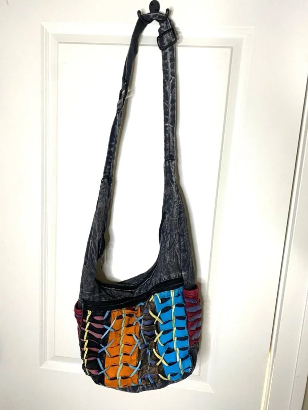 Handmade Colorful Patchwork Sling Bag Boho Crossbody Nepal Lace Up Woven Hippie - Picture 4 of 12